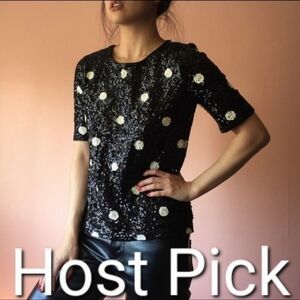 J. Crew Sequin Black White Polka Dot Shirt Top Women's XS Sparkle Gorgeous EUC